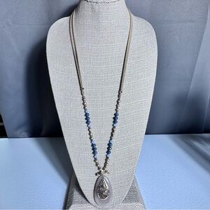 Elegant Silver and Blue Beaded Necklace with Gold Toned & Stone Pendants